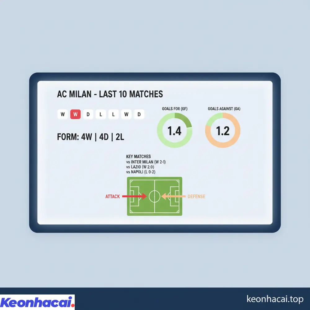 Thống kê phong độ 10 trận gần nhất của AC Milan, cho thấy 4 thắng, 4 hòa và 2 thua cùng hiệu suất ghi bàn ổn định