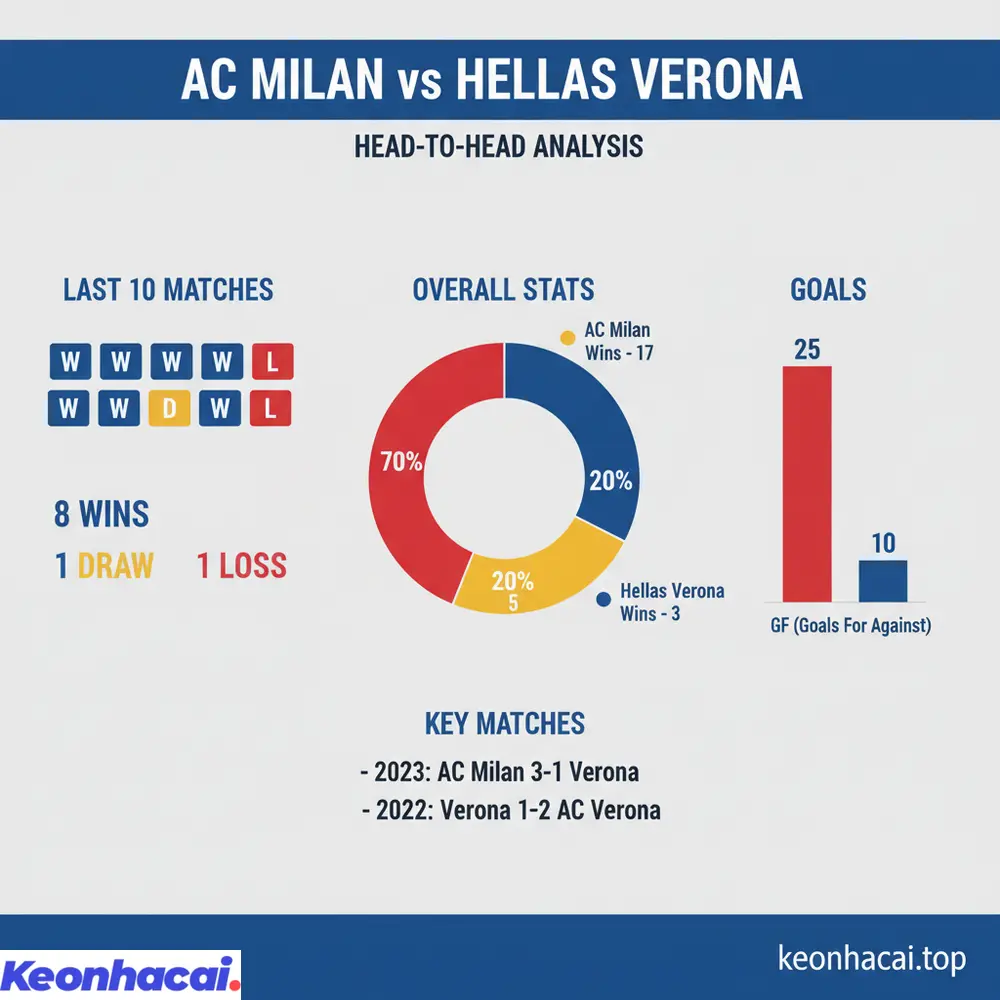 Lịch sử đối đầu giữa AC Milan vs Hellas Verona cho thấy ưu thế vượt trội của AC Milan với 8 thắng trong 10 trận gần nhất
