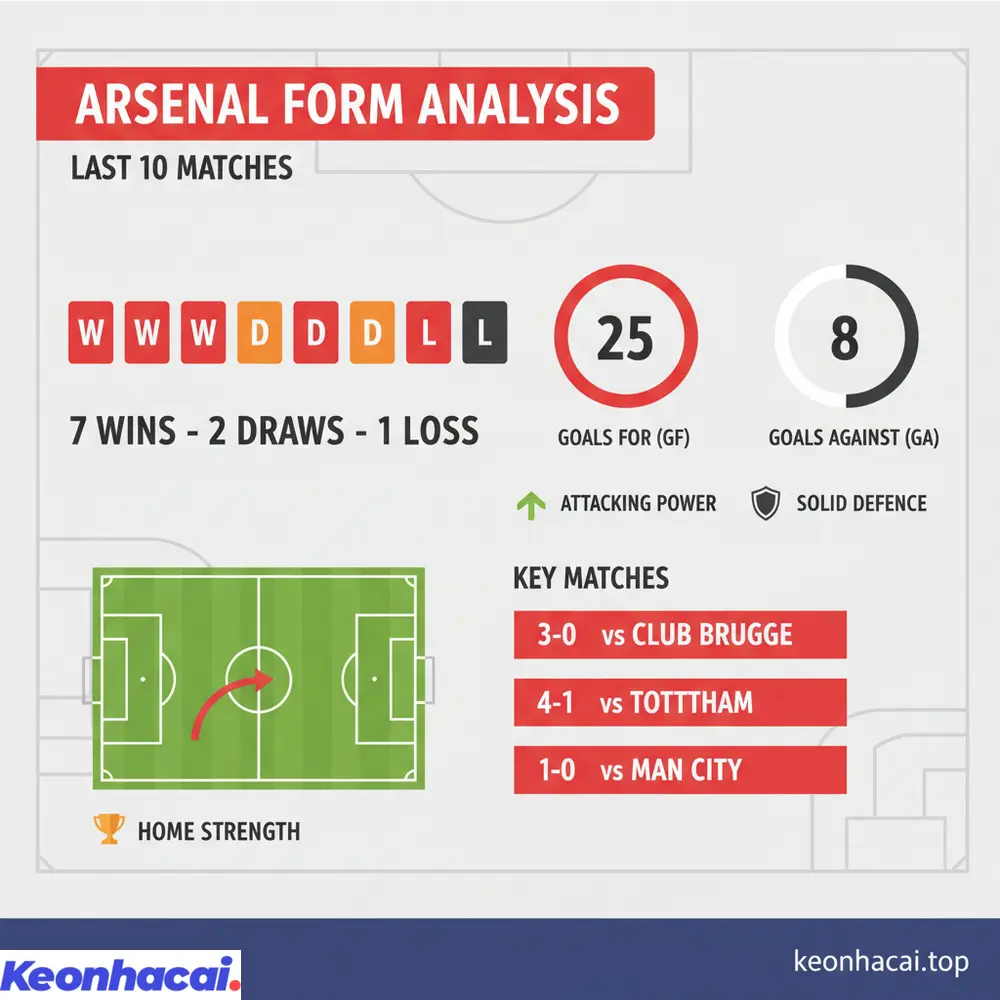 Phong độ chói sáng của Arsenal với 7 chiến thắng và chỉ 1 thất bại trong 10 trận đấu gần đây
