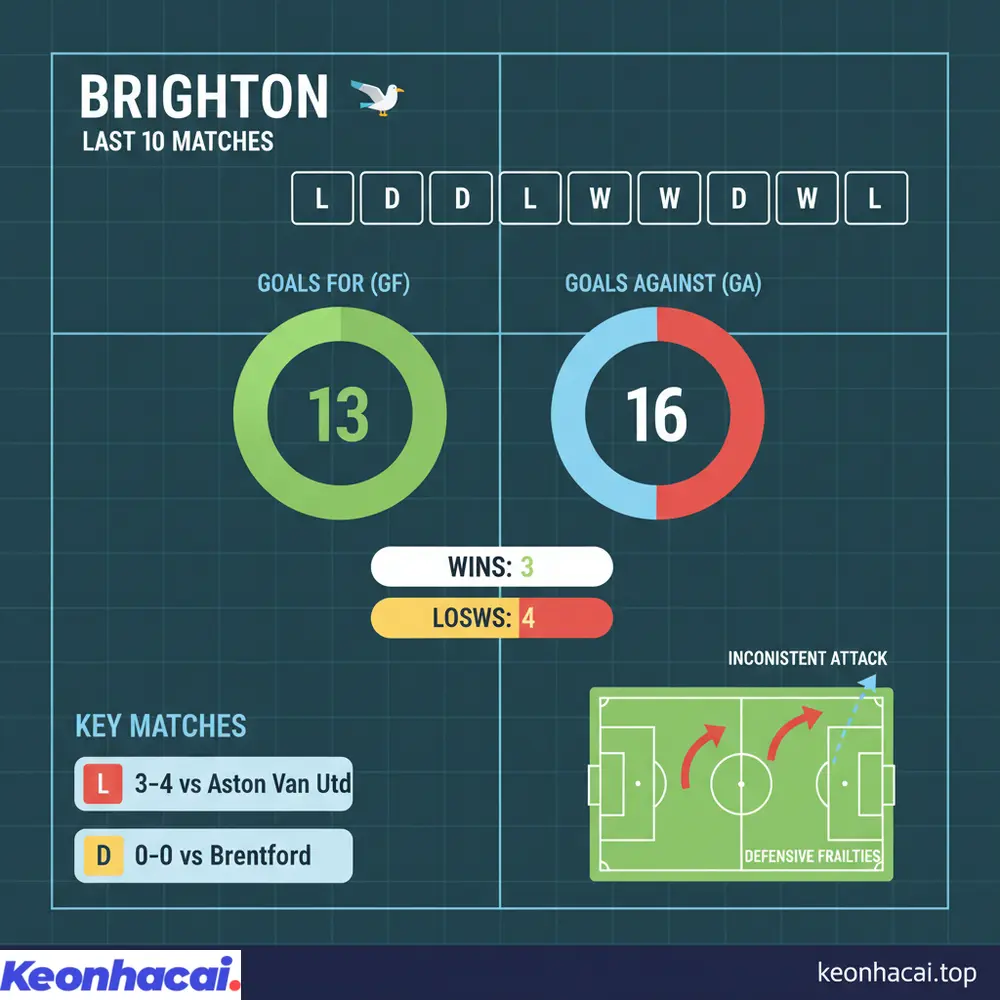 Brighton đang có phong độ thiếu ổn định với 4 trận thua và chỉ 3 chiến thắng trong 10 lần ra sân gần nhất