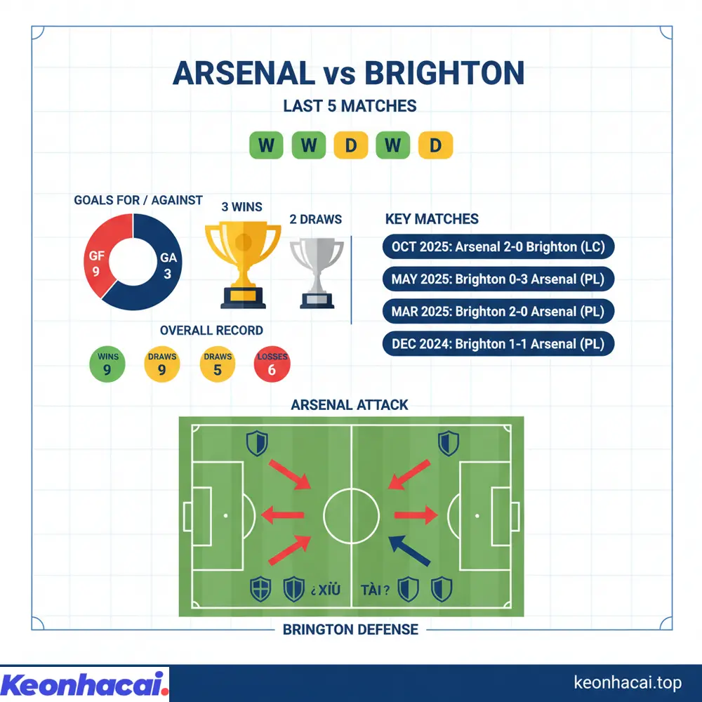 Arsenal chiếm ưu thế với 3 chiến thắng và 2 trận hòa trong 5 lần đối đầu gần nhất với Brighton