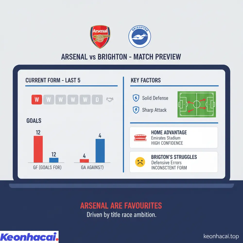 Arsenal được đánh giá là đội cửa trên nhờ phong độ cao và lợi thế sân nhà trước Brighton