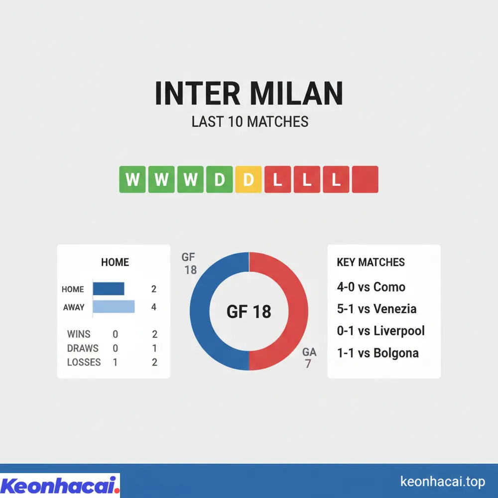 Hình ảnh tổng quan về 10 trận đấu gần nhất cho thấy Inter Milan thắng 6, hòa 1 và thua 3, duy trì phong độ ấn tượng