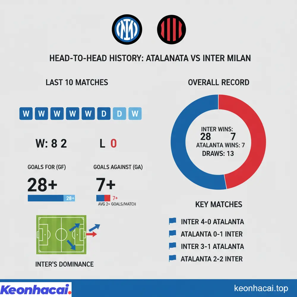 Thống kê đối đầu Atalanta vs Inter Milan cho thấy sự vượt trội rõ rệt của Inter với 8 chiến thắng trong 10 lần gặp gần nhất