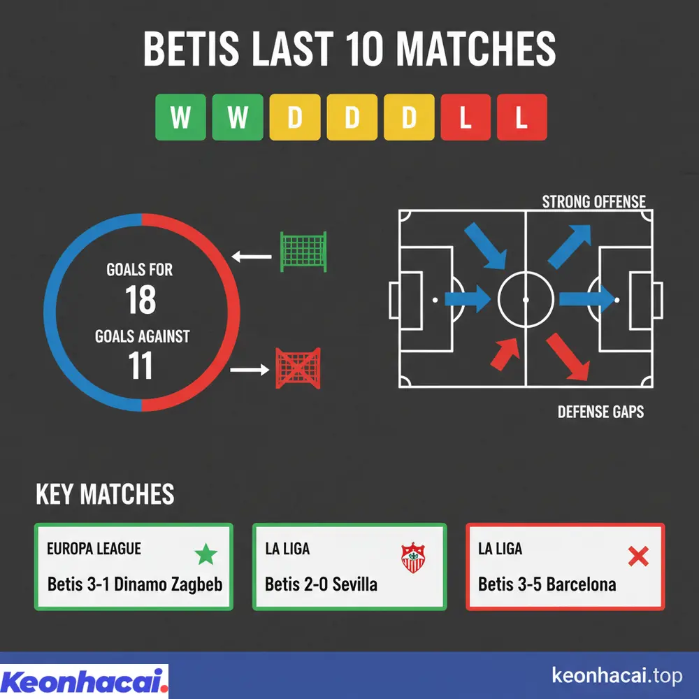 Đánh giá phong độ gần đây của Betis với 5 thắng, 3 hòa, 2 thua cùng hiệu suất ghi bàn ấn tượng