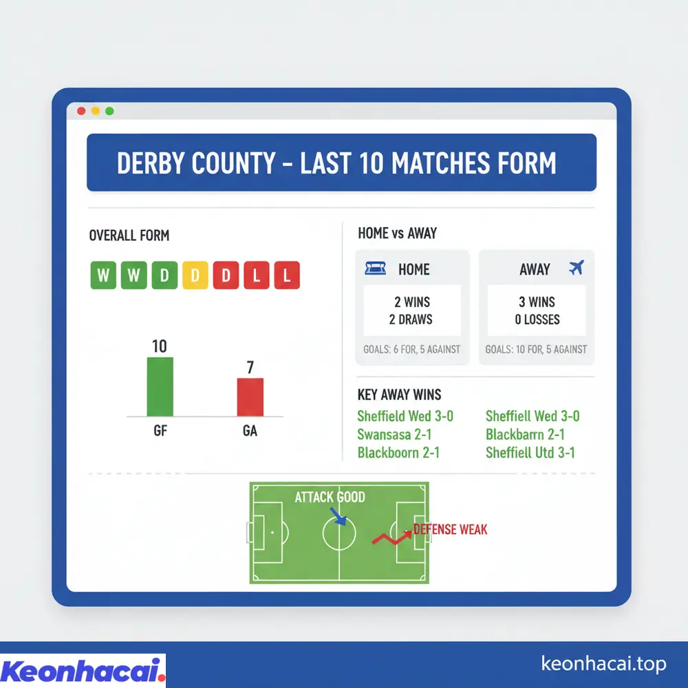 Biểu đồ kết quả gần nhất của Derby County, cho thấy họ có xu hướng thi đấu tốt trên sân khách.