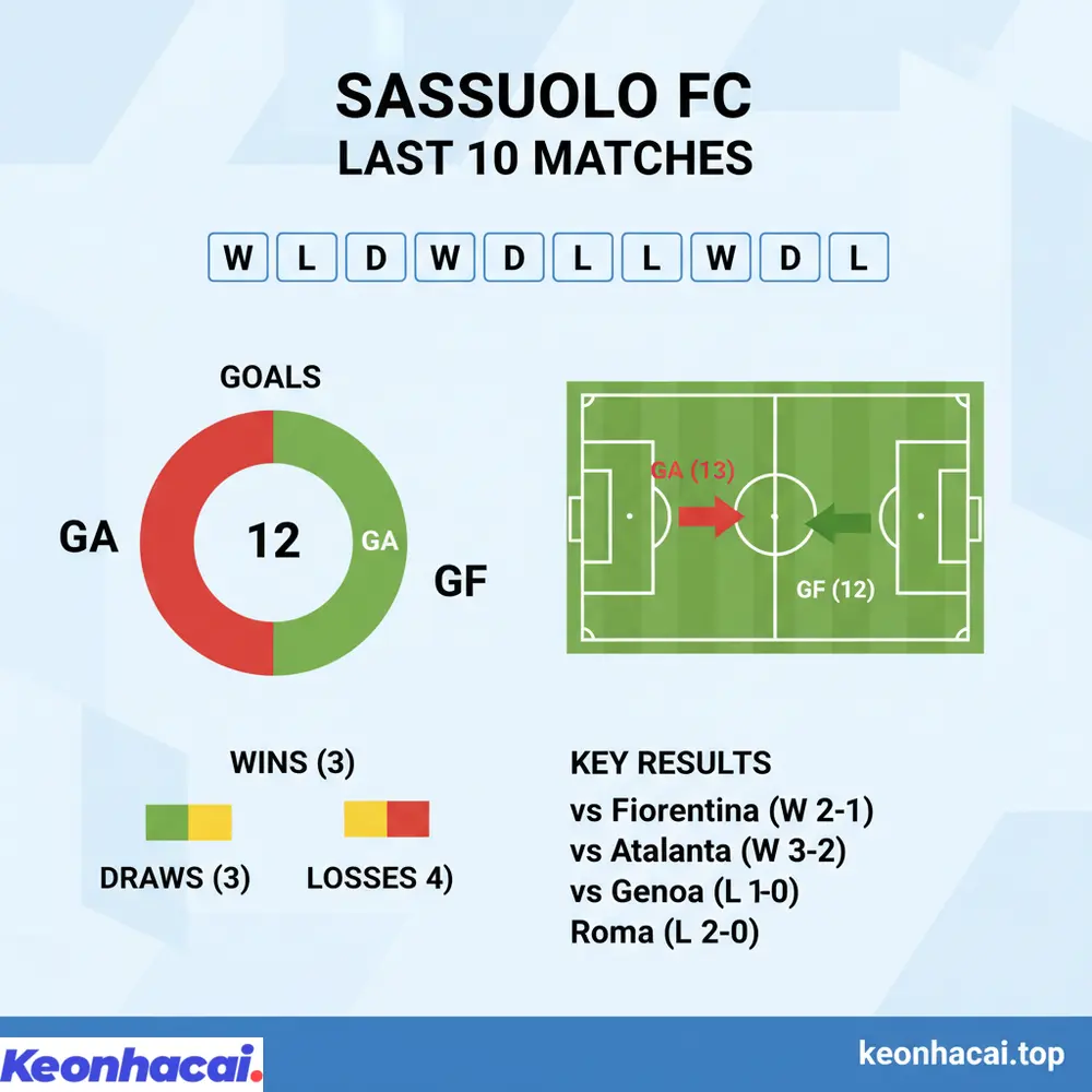 Sassuolo chỉ thắng 3, hòa 3, thua 4 trong 10 trận đấu gần đây, cho thấy sự thiếu ổn định