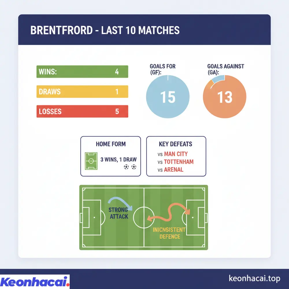 Thống kê phong độ 10 trận gần nhất của Brentford với 4 chiến thắng, 1 hòa, 5 thất bại cùng hàng công ghi 15 bàn