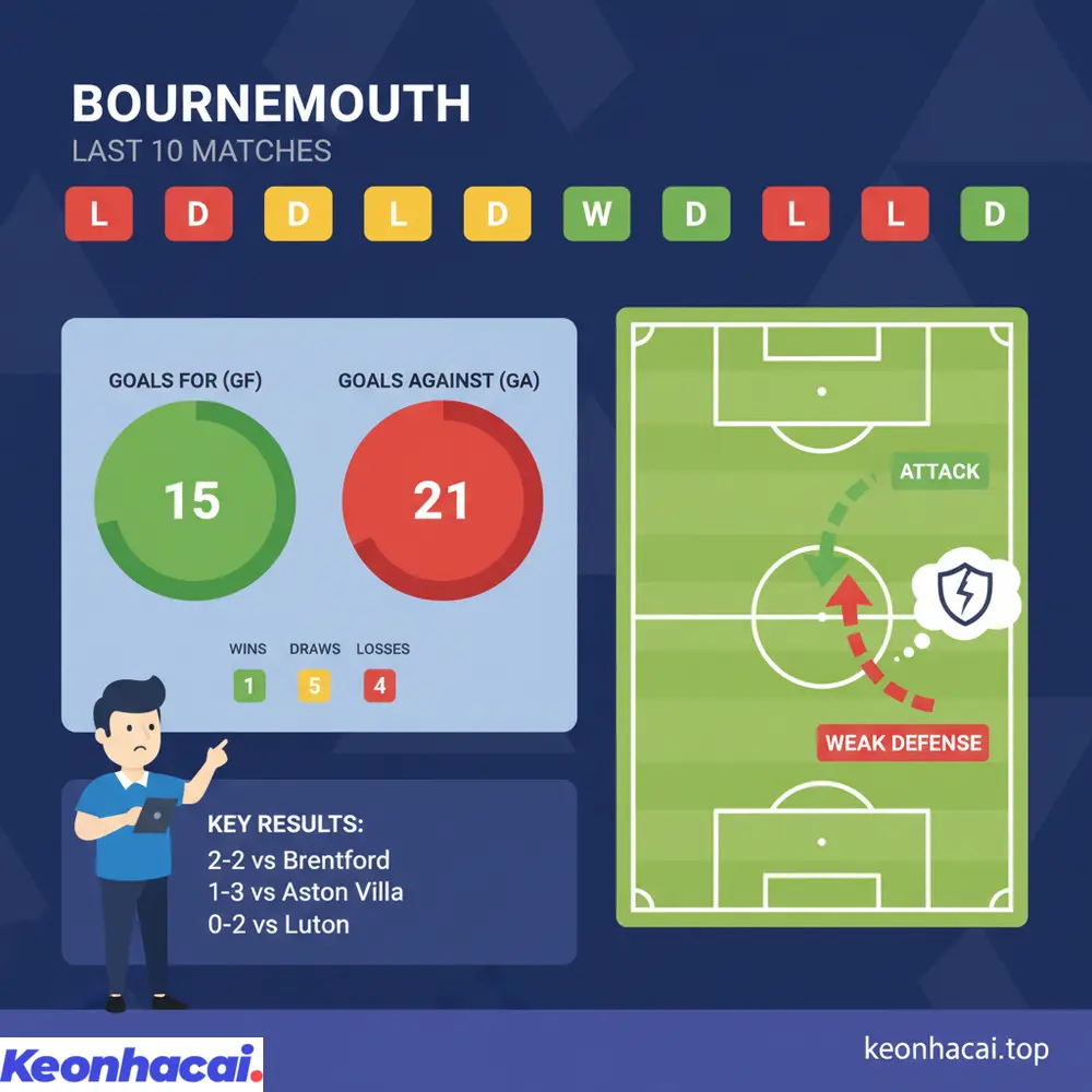 Bảng phong độ gần đây của Bournemouth cho thấy sự thiếu ổn định với chỉ 1 chiến thắng và hàng thủ thủng lưới tới 21 bàn