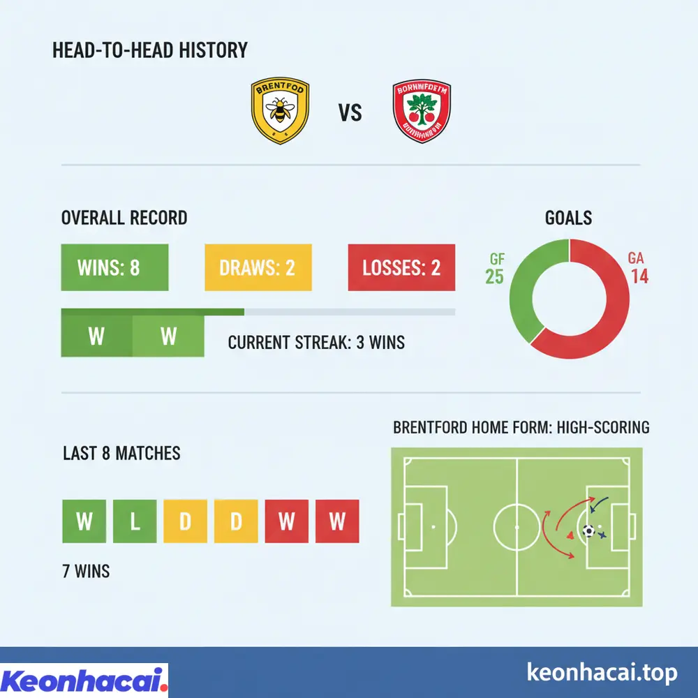 Lịch sử đối đầu giữa Brentford vs Bournemouth cho thấy Brentford áp đảo với 8 chiến thắng và đang có chuỗi 3 trận thắng liên tiếp