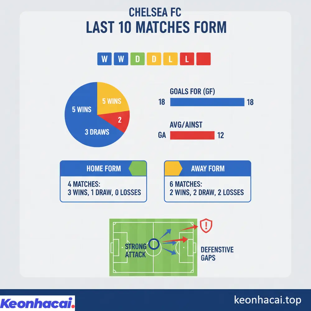 Đánh giá 10 trận đấu gần nhất của Chelsea với 5 thắng, 3 hòa, 2 thua và khả năng ghi bàn đáng chú ý