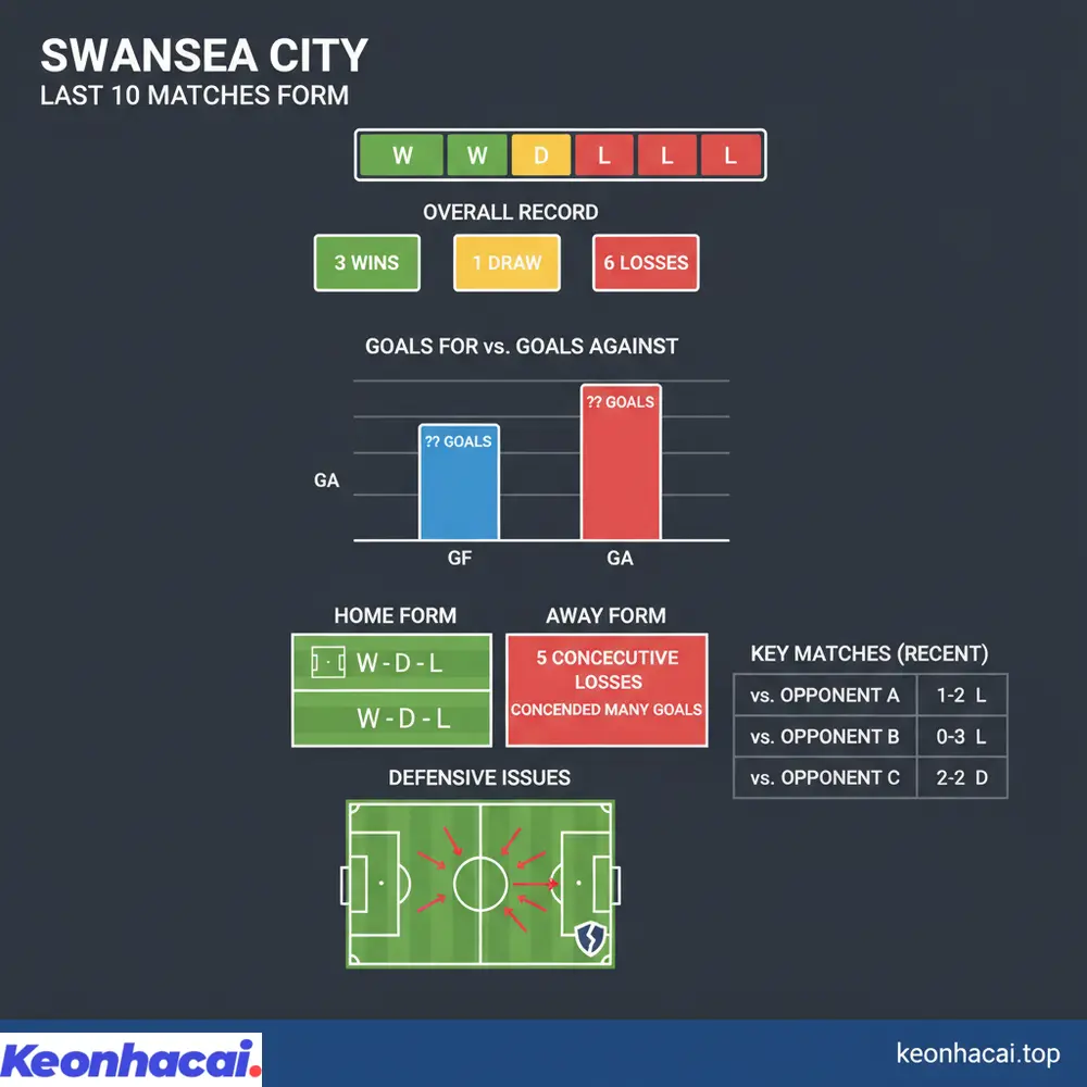 Tỷ lệ thắng/hòa/thua của Swansea trong các trận gần nhất biểu thị một phong độ khá chật vật với chỉ 3 chiến thắng