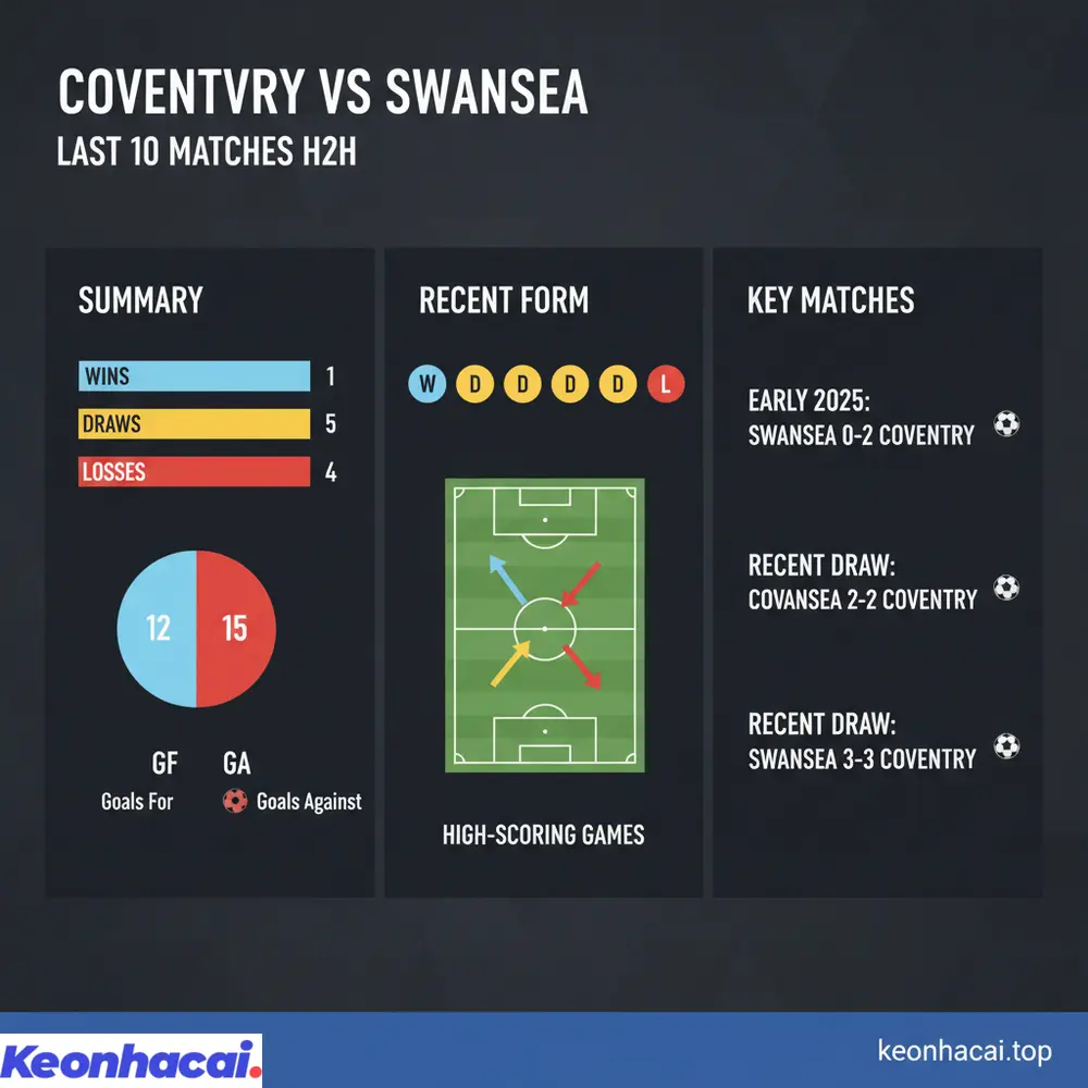 Lịch sử đối đầu giữa Coventry vs Swansea cho thấy Swansea có lợi thế nhẹ, nhưng Coventry đã thắng trận gần nhất
