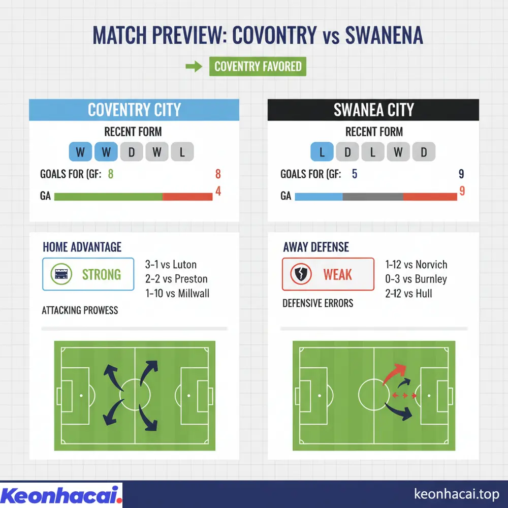 Tổng hợp nhận định trước trận về Coventry vs Swansea dựa trên phong độ hiện tại và lợi thế sân nhà của Coventry