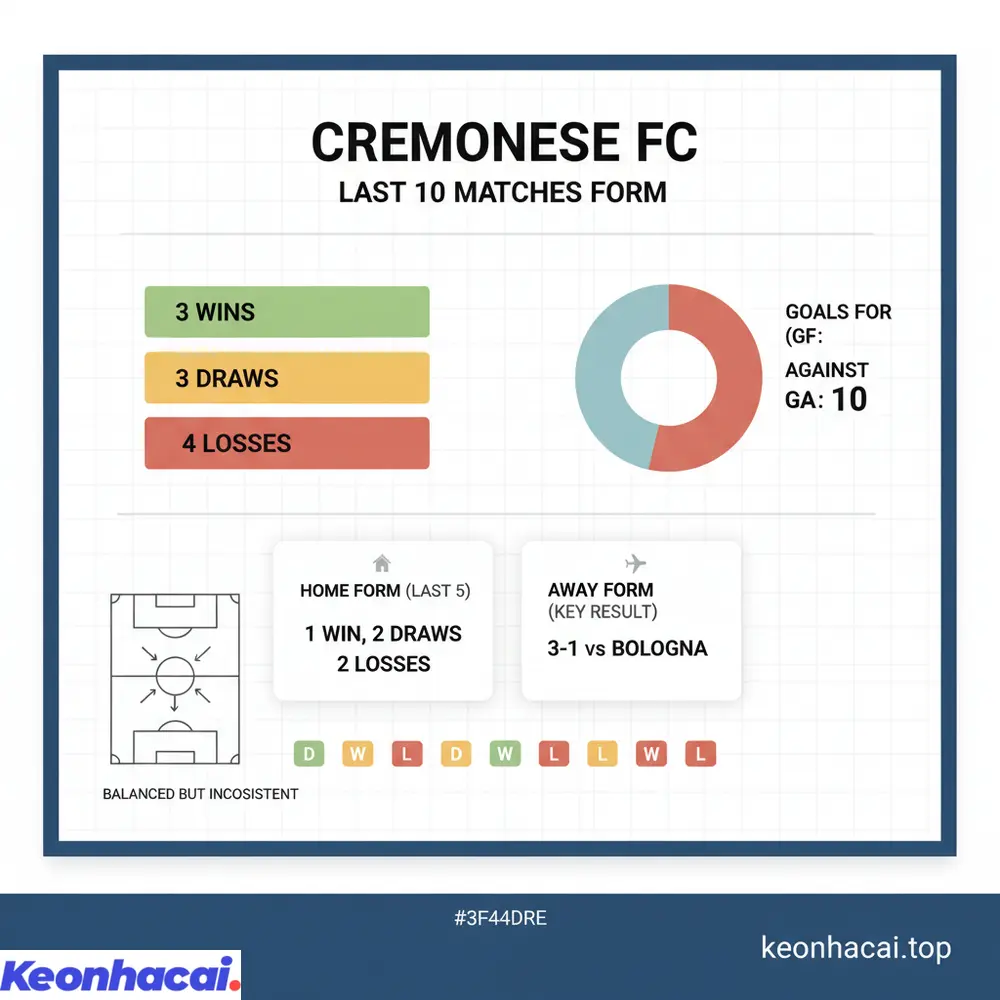 Thống kê 10 trận gần nhất của Cremonese cho thấy sự thiếu ổn định với 3 thắng, 3 hòa, 4 thua cùng hiệu suất ghi bàn và thủng lưới ở mức trung bình