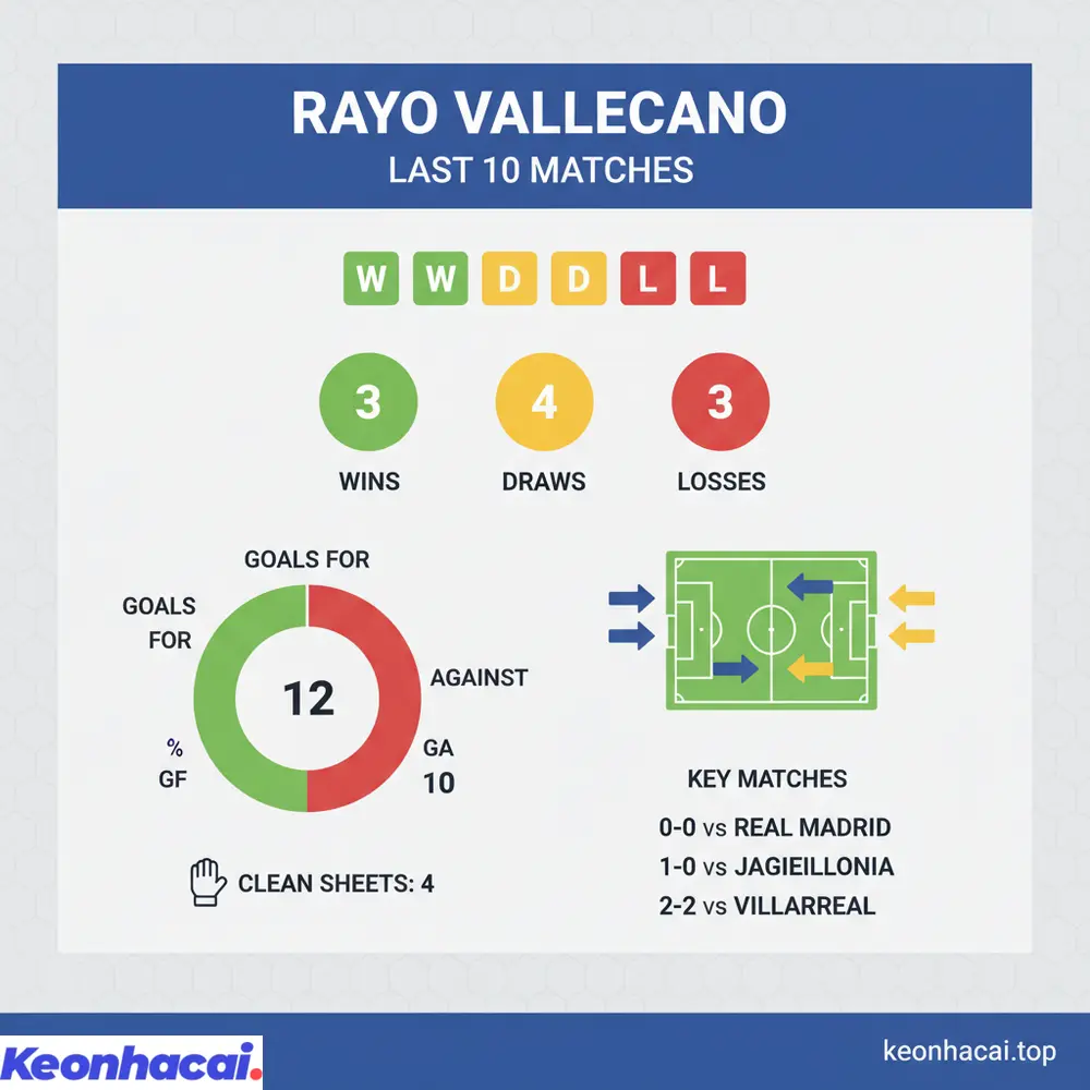 Tổng quan 10 trận gần nhất của Rayo Vallecano cho thấy 3 thắng, 4 hòa, 3 thua trên mọi đấu trường