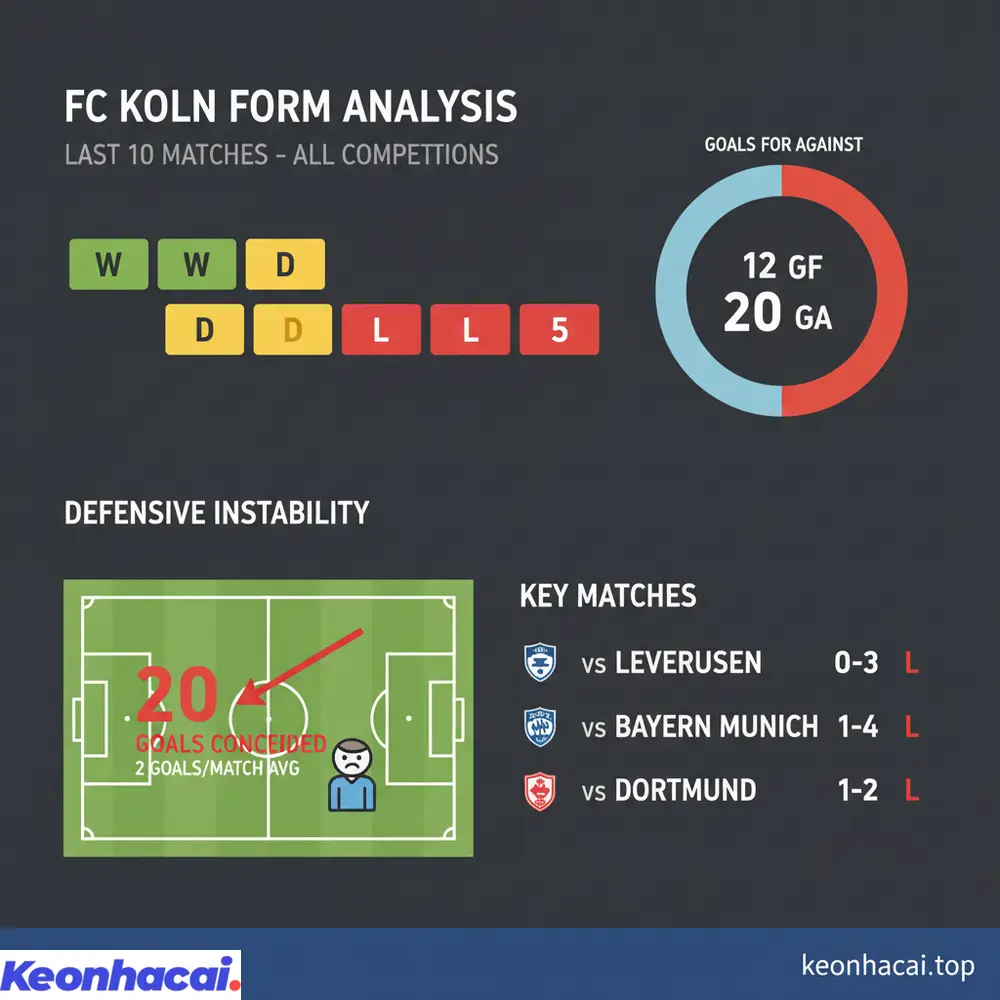 Phong độ gần đây của FC Koln cho thấy hàng thủ chưa ổn định, với 2 thắng, 3 hòa, 5 bại trong 10 trận