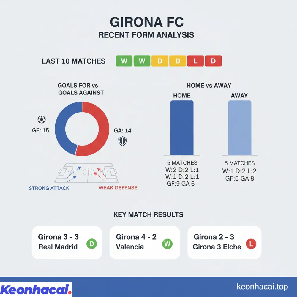 Thống kê phong độ gần đây của Girona với 3 thắng, 4 hòa, 3 thua và khả năng ghi bàn không ổn định