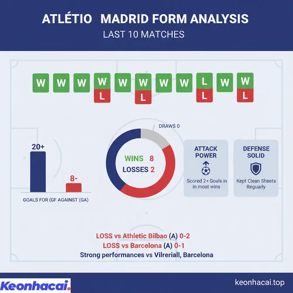 Biểu đồ phong độ Atletico Madrid qua các trận gần nhất, cho thấy hiệu suất tấn công và phòng ngự rất ổn định