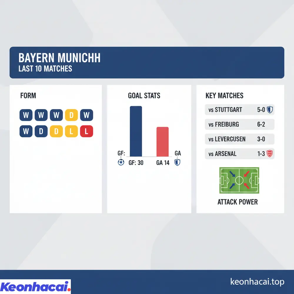 Bayern Munchen duy trì phong độ ấn tượng với 7 chiến thắng, 2 hòa và 1 thua trong 10 trận gần nhất, thể hiện sức mạnh áp đảo