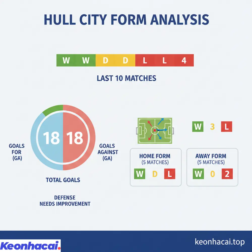 Thống kê phong độ của Hull trong 10 trận gần nhất cho thấy 5 thắng, 1 hòa, 4 thua, với hàng công và thủ đều không quá ấn tượng