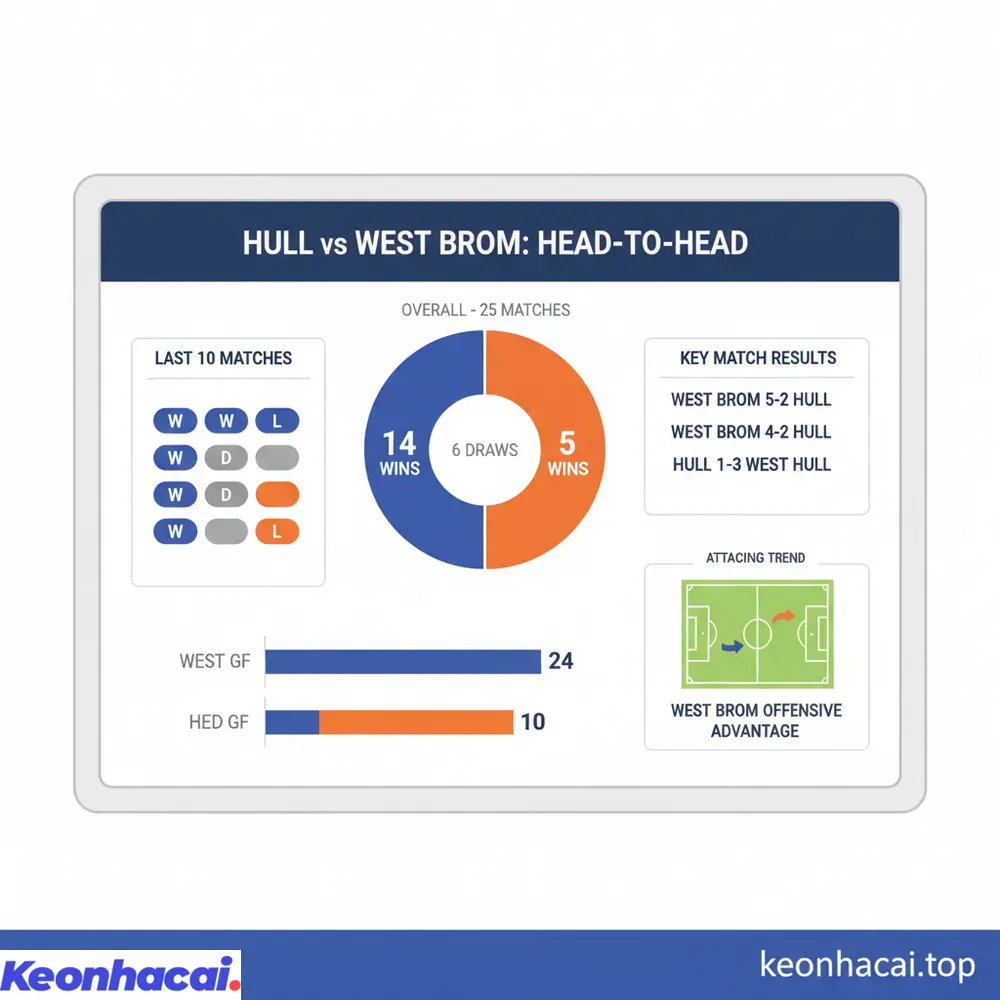 Lịch sử đối đầu giữa Hull vs West Brom cho thấy West Brom chiếm ưu thế lớn với 14 chiến thắng và chỉ 5 thua sau 25 lần chạm trán