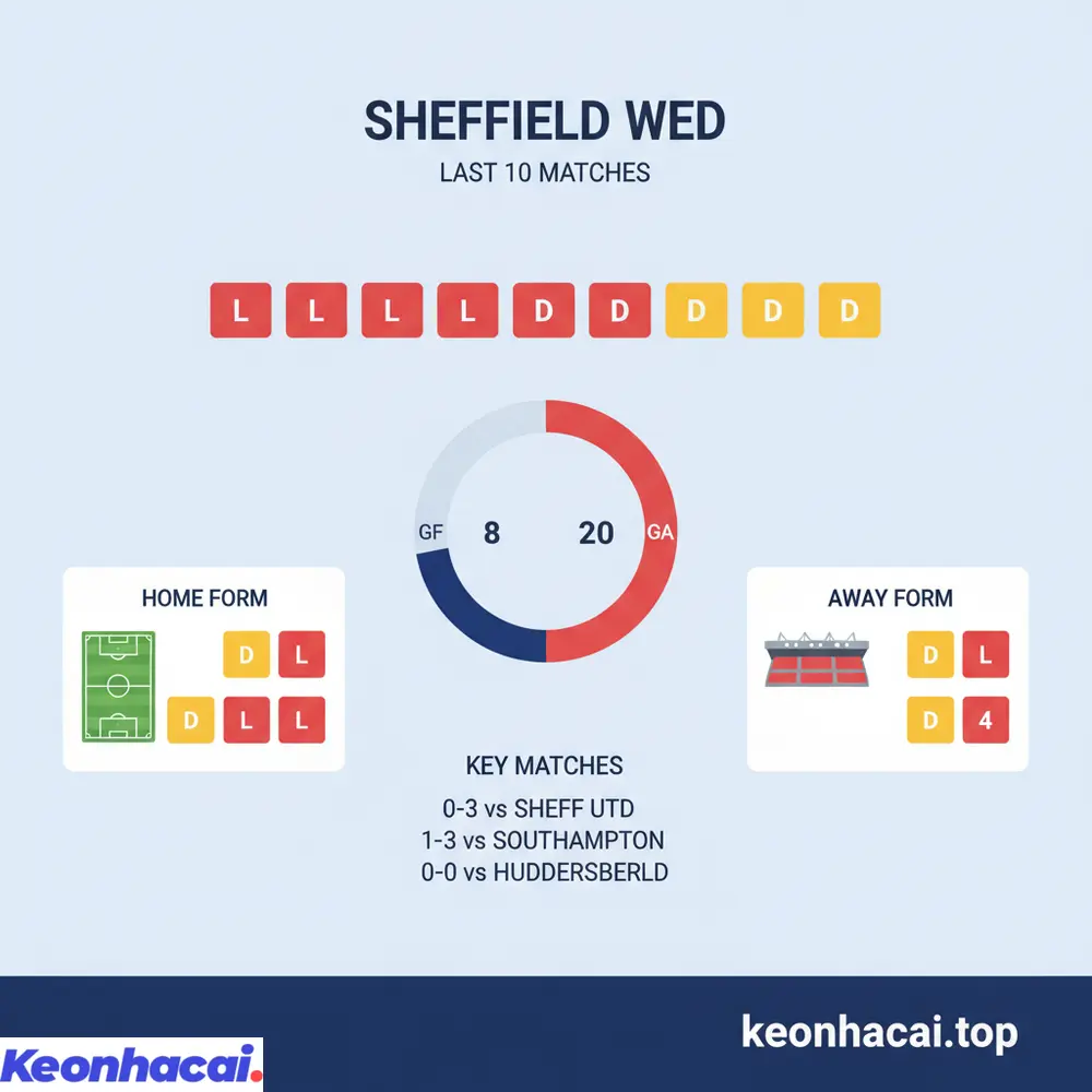 Biểu đồ phong độ của Sheffield Wed cho thấy sự sa sút nghiêm trọng với 7 thất bại và chỉ 3 trận hòa trong 10 lần ra sân gần nhất