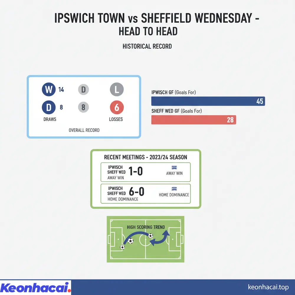 Lịch sử đối đầu giữa Ipswich Town vs Sheffield Wed nghiêng hẳn về Ipswich với 14 thắng, trong đó có chiến thắng 6-0 gần nhất