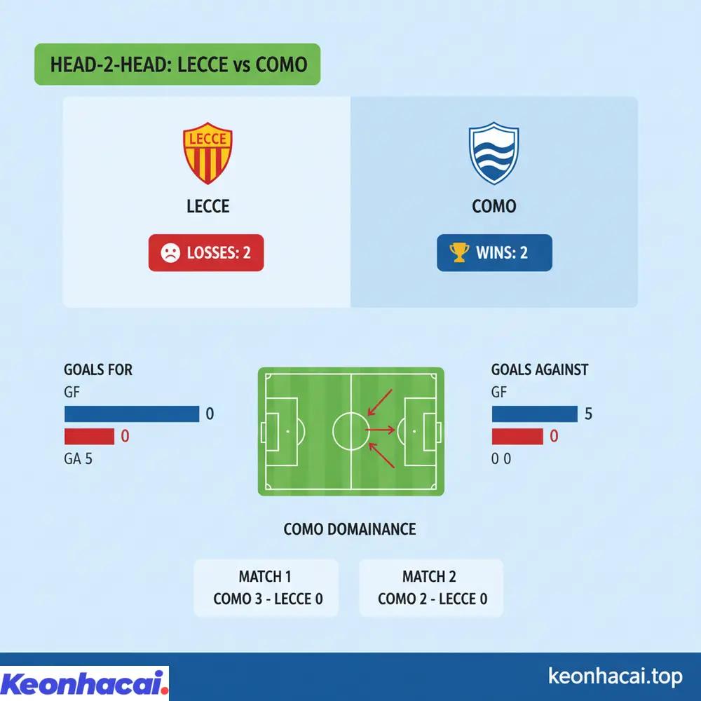 Lịch sử đối đầu giữa Lecce vs Como cho thấy Como vượt trội hoàn toàn với 2 chiến thắng cách biệt, giữ sạch lưới