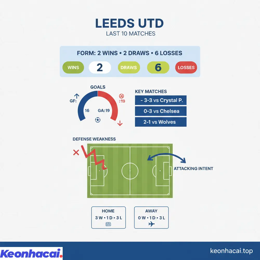 Thống kê phong độ 10 trận gần nhất của Leeds Utd cho thấy sự thiếu ổn định với 2 thắng, 2 hòa và 6 thua