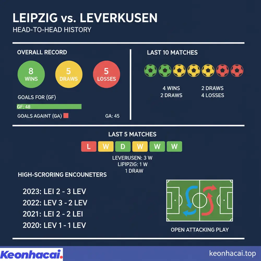 Lịch sử đối đầu giữa Leipzig vs Leverkusen cho thấy sự cân bằng, với xu hướng thường có nhiều bàn thắng được ghi