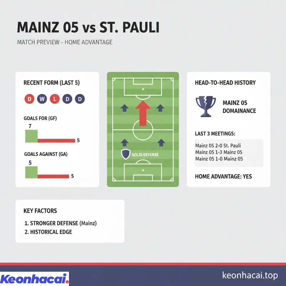 Mainz 05 có lợi thế sân nhà và thành tích đối đầu hoàn hảo trước St. Pauli, tạo nên lợi thế đáng kể cho trận đấu sắp tới