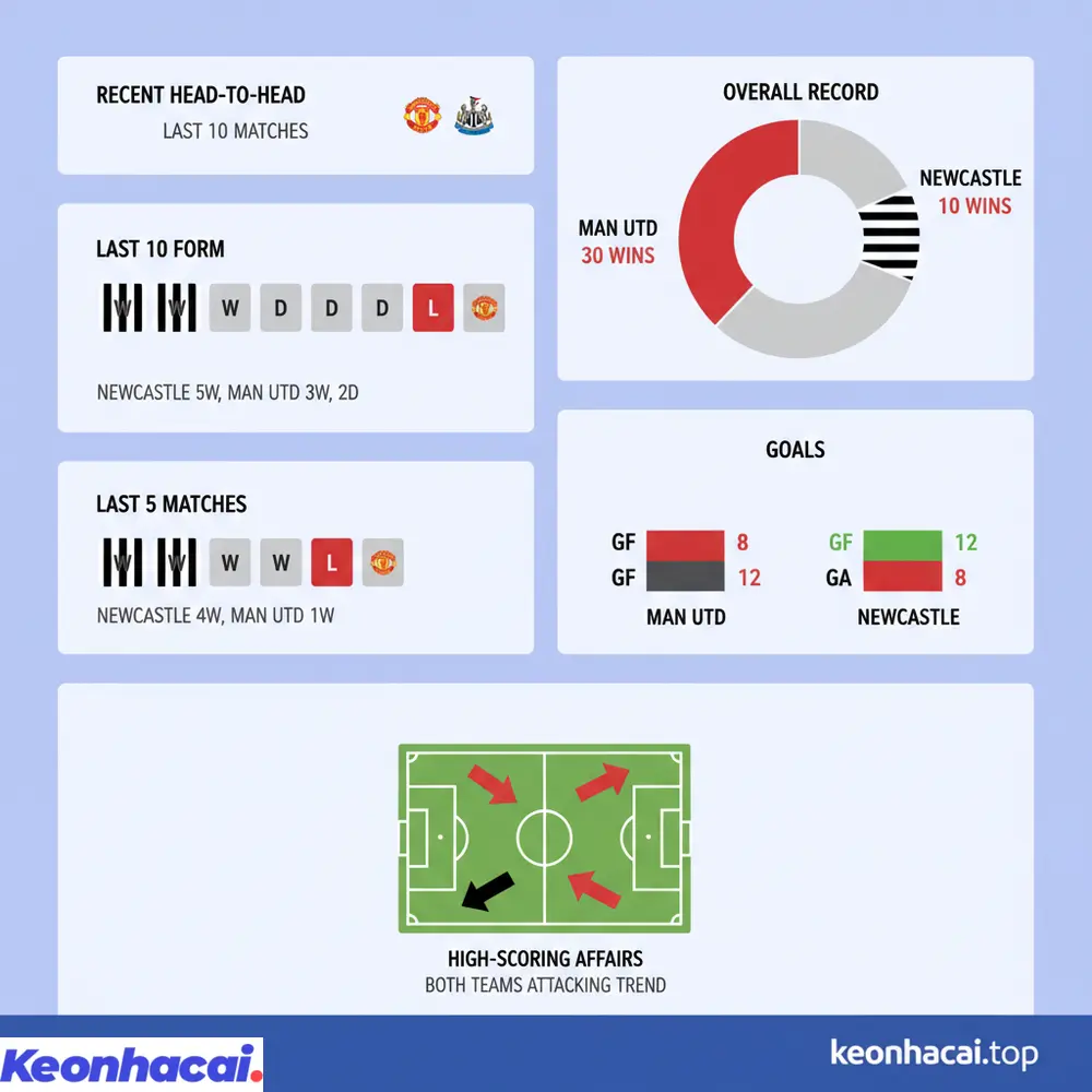Lịch sử đối đầu gần đây giữa Man Utd vs Newcastle cho thấy Newcastle đang chiếm ưu thế với 5/10 chiến thắng, báo hiệu một trận đấu khó khăn cho Quỷ Đỏ