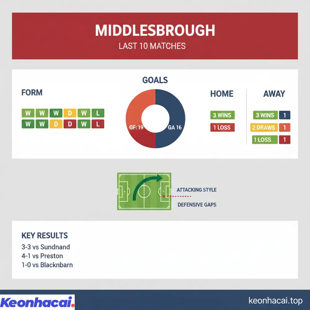 Thống kê phong độ 10 trận gần nhất của Middlesbrough với 6 thắng, 2 hòa, 2 bại cùng lối chơi cởi mở