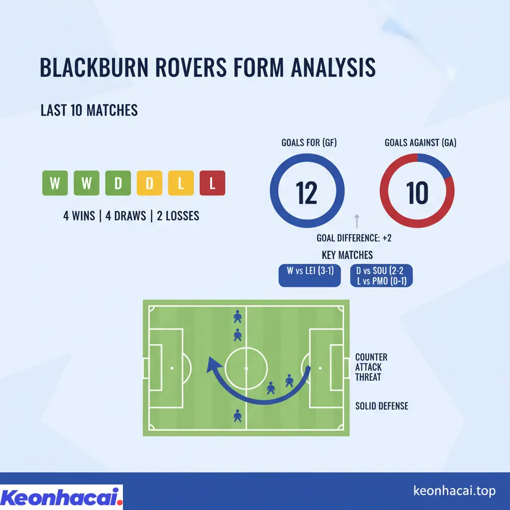 Biểu đồ thể hiện sự ổn định nhưng thiếu bùng nổ của Blackburn với 4 thắng, 4 hòa, 2 thua trong 10 trận gần nhất