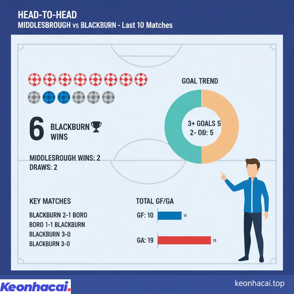 Tóm tắt lịch sử đối đầu gần đây giữa Middlesbrough vs Blackburn cho thấy Blackburn có ưu thế hơn với 6 chiến thắng trong 10 lần gặp nhau