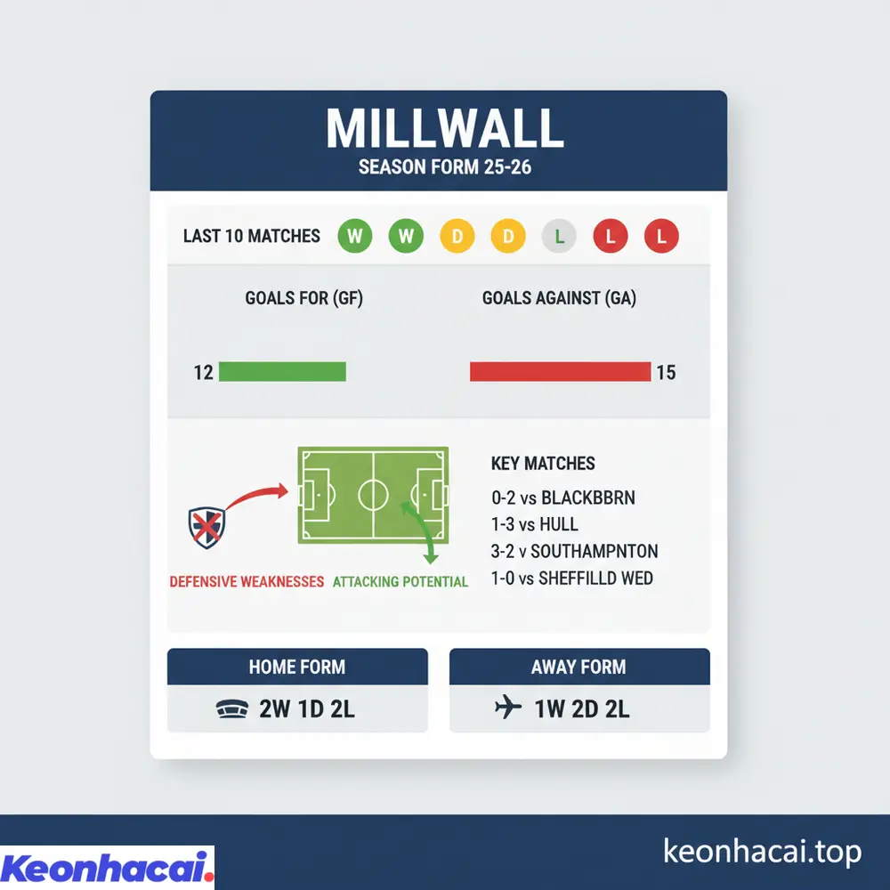 Thống kê 10 trận gần nhất cho thấy Millwall chỉ thắng 3, hòa 3 và thua 4, với hàng thủ thiếu ổn định