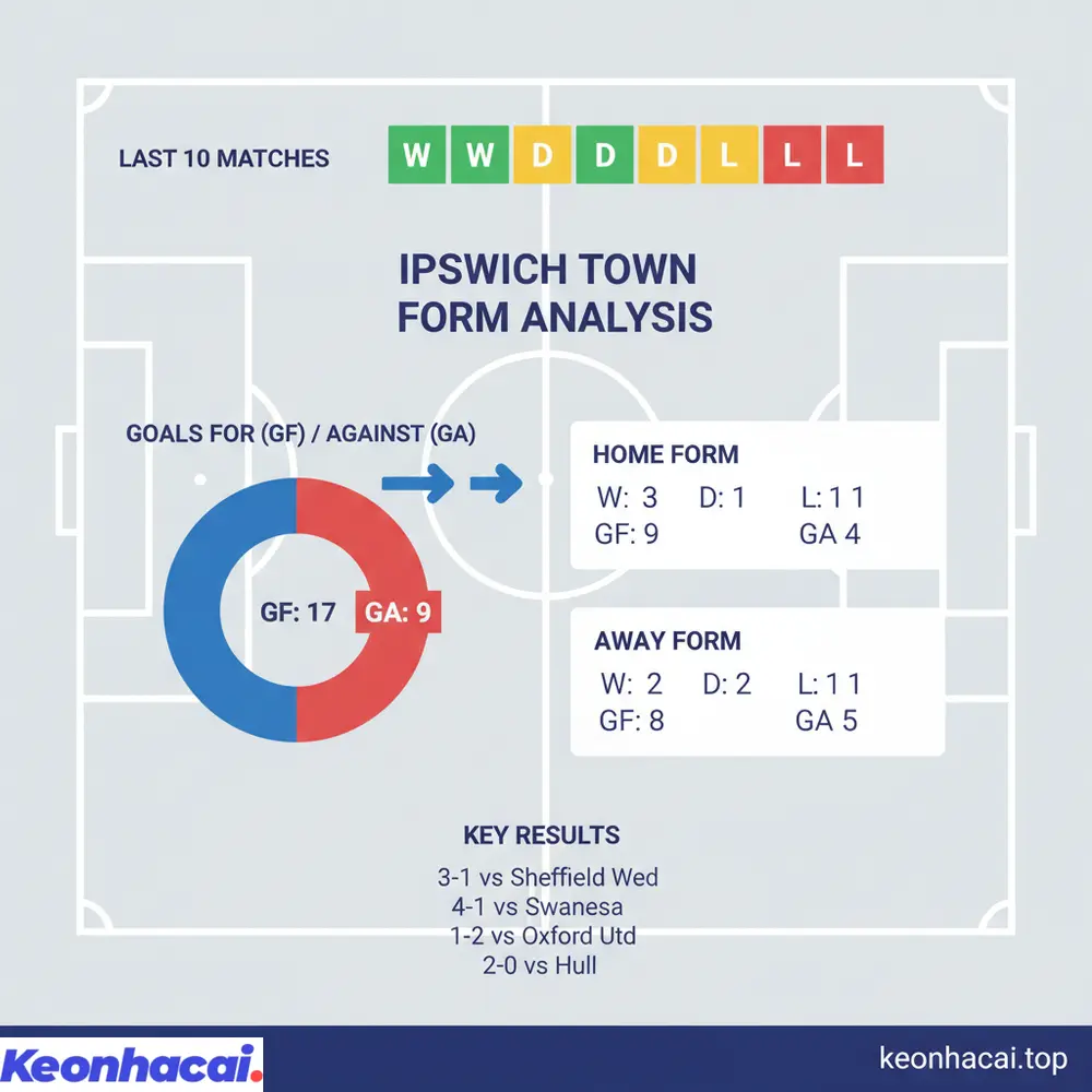 Phong độ gần đây của Ipswich Town ấn tượng hơn với 5 chiến thắng, 3 hòa và chỉ 2 thất bại, cho thấy sự ổn định ở cả công lẫn thủ