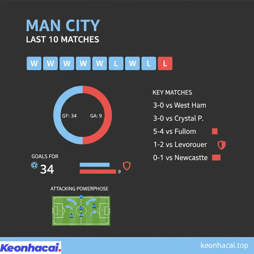 Man City duy trì phong độ cực kỳ ấn tượng với 8 chiến thắng trong 10 trận gần nhất, hàng công bùng nổ