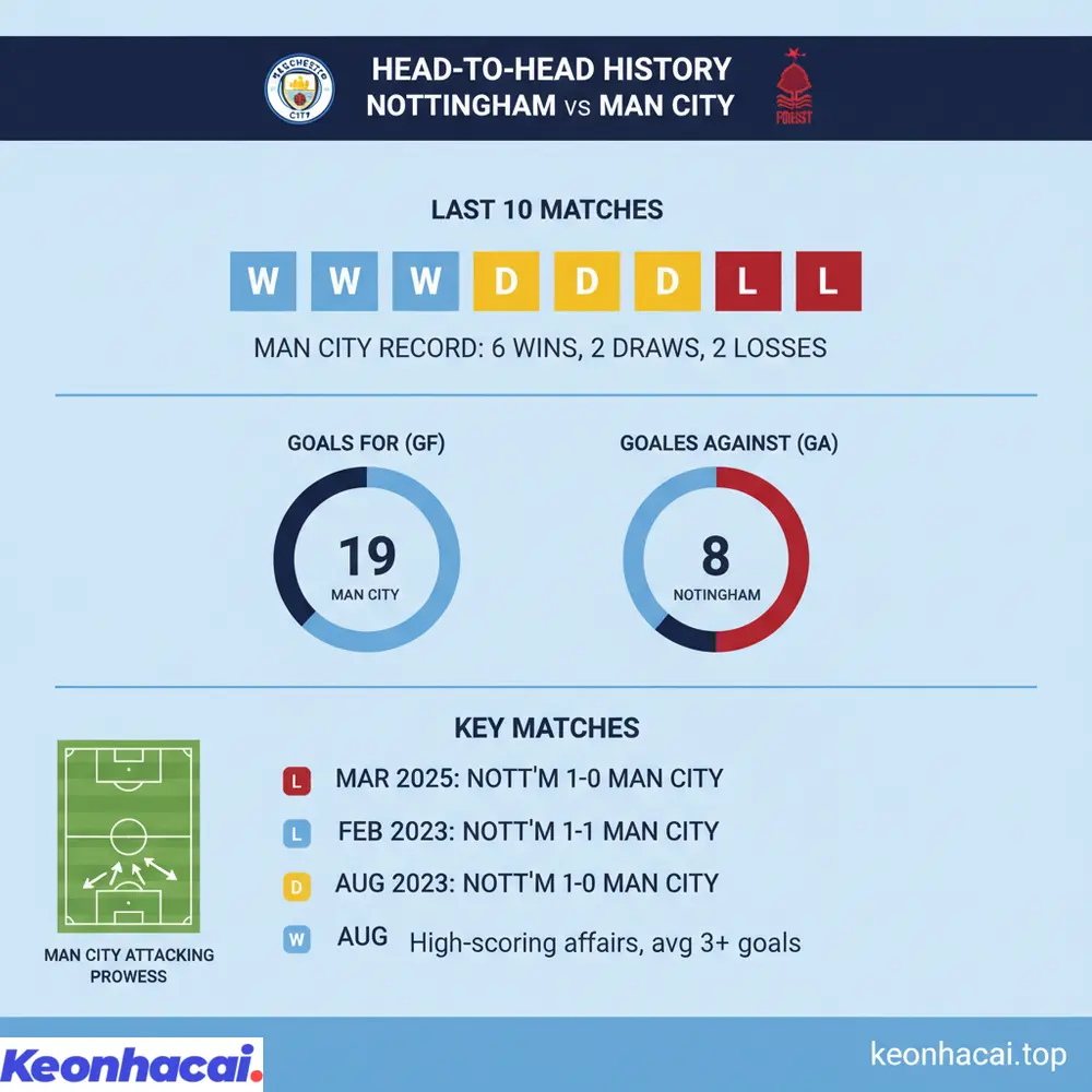 Man City có lợi thế lớn về lịch sử đối đầu Nottingham với 6 chiến thắng và 2 trận hòa trong 10 lần gặp gần nhất