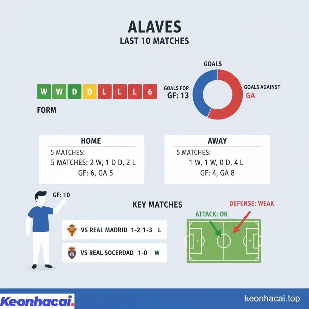 Alaves có 3 trận thắng trong 10 lần ra sân gần nhất, cho thấy đội bóng này vẫn còn nhiều điều cần cải thiện