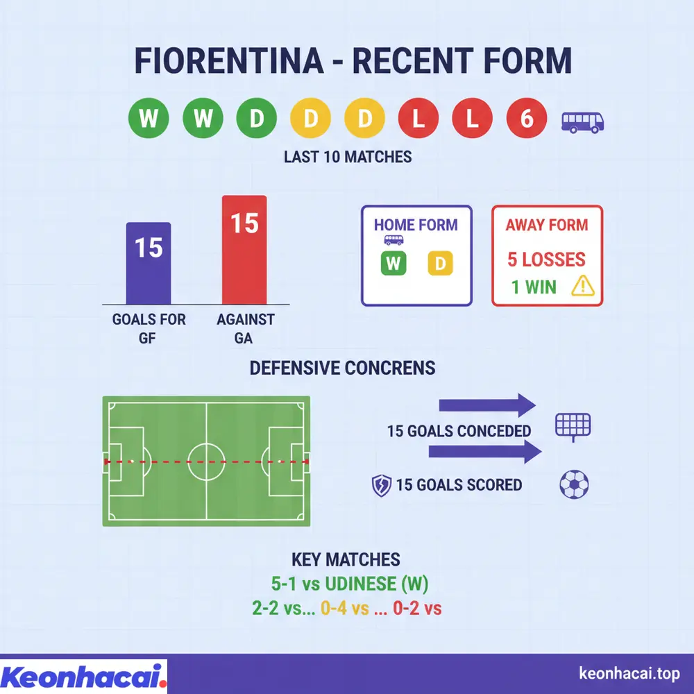 Phong độ thi đấu của Fiorentina qua các trận đấu gần nhất với 2 thắng, 2 hòa, 6 thua
