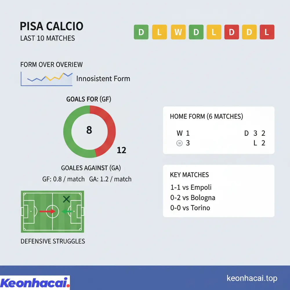 Hình ảnh tổng quan về 10 trận gần nhất của Pisa cho thấy chuỗi phong độ khá bất ổn với nhiều trận hòa và khả năng ghi bàn hạn chế
