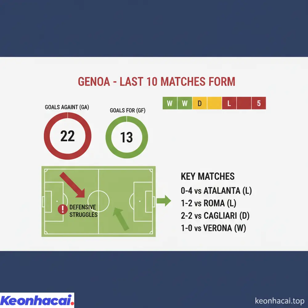 Genoa: chuỗi trận gần đây đầy thử thách, gặp nhiều đối thủ mạnh và hàng thủ bộc lộ nhiều sai sót.