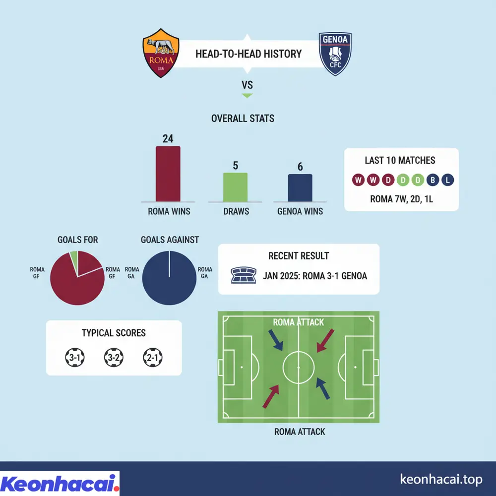 Roma vs Genoa: lịch sử đối đầu chứng kiến ưu thế rõ rệt của Roma với nhiều chiến thắng và không ít trận đấu có bàn thắng