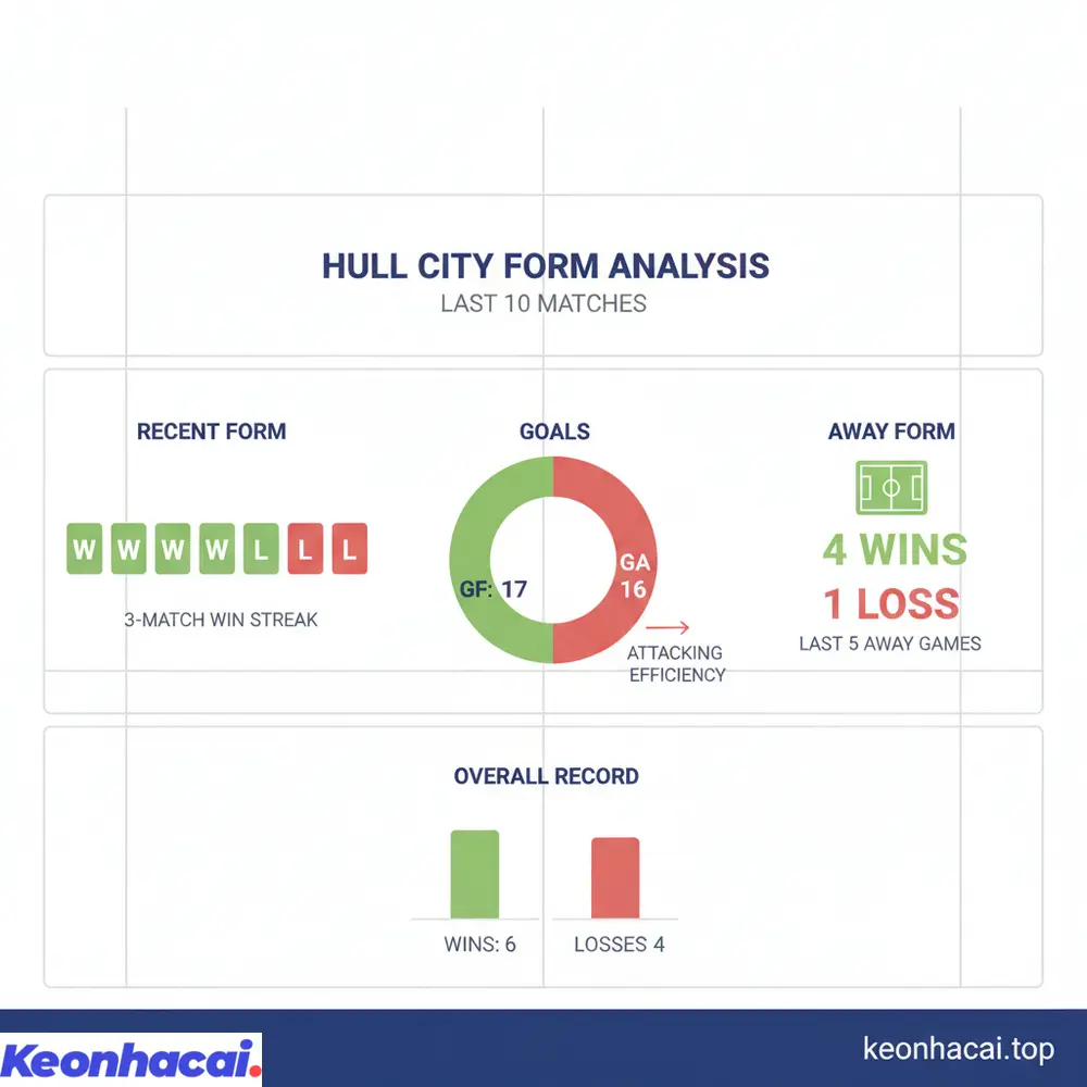 Phong độ gần đây của Hull với 6 chiến thắng và 4 thất bại, thể hiện sự ổn định hơn cùng hàng công hiệu quả