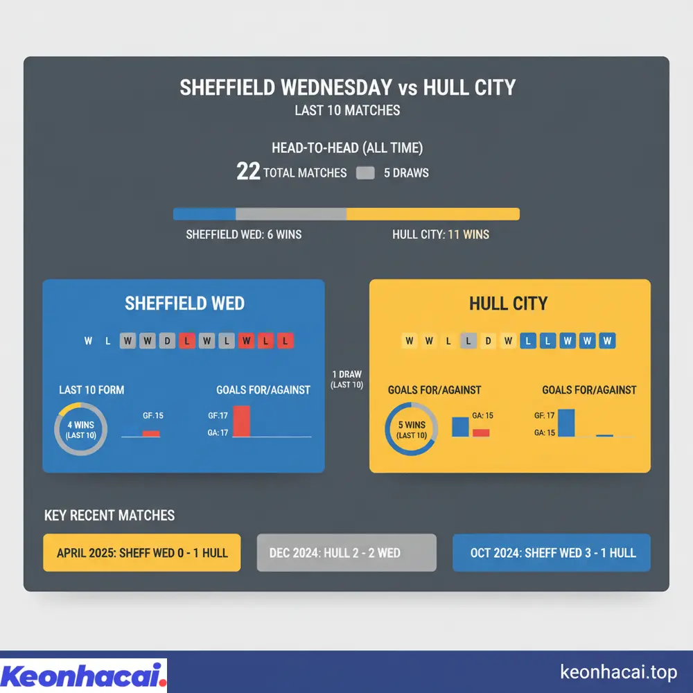 Thống kê đối đầu Sheffield Wed vs Hull cho thấy ưu thế nhỉnh hơn của Hull về tổng thể, nhưng các trận gần đây có kết quả khá cân bằng