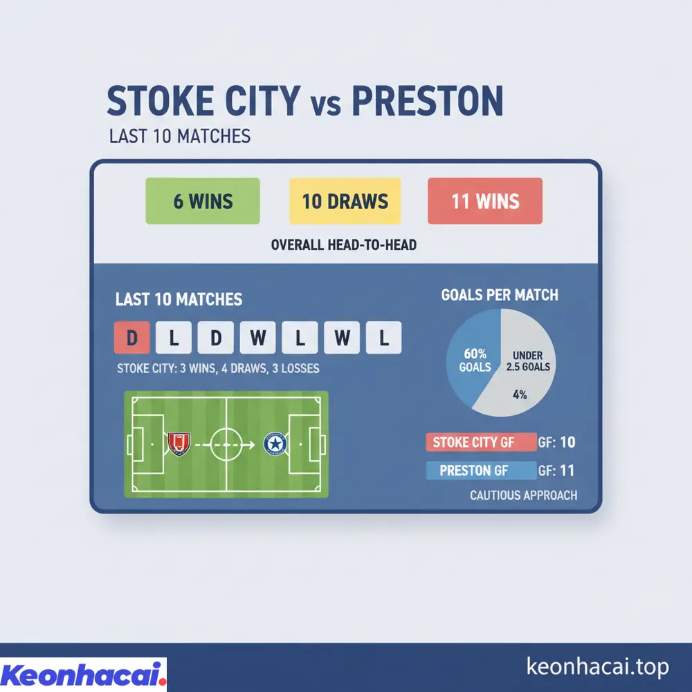 Lịch sử đối đầu giữa Stoke City vs Preston trong 10 trận gần nhất với Preston có ưu thế hơn và xu hướng ít bàn thắng