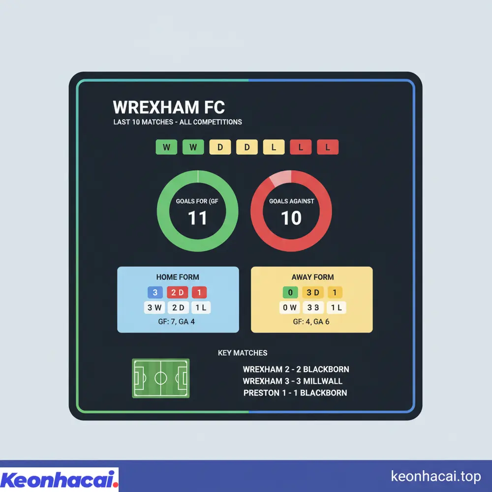Wrexham thể hiện sự ổn định với 5 trận hòa cùng 3 chiến thắng trong 10 trận gần đây trên mọi đấu trường