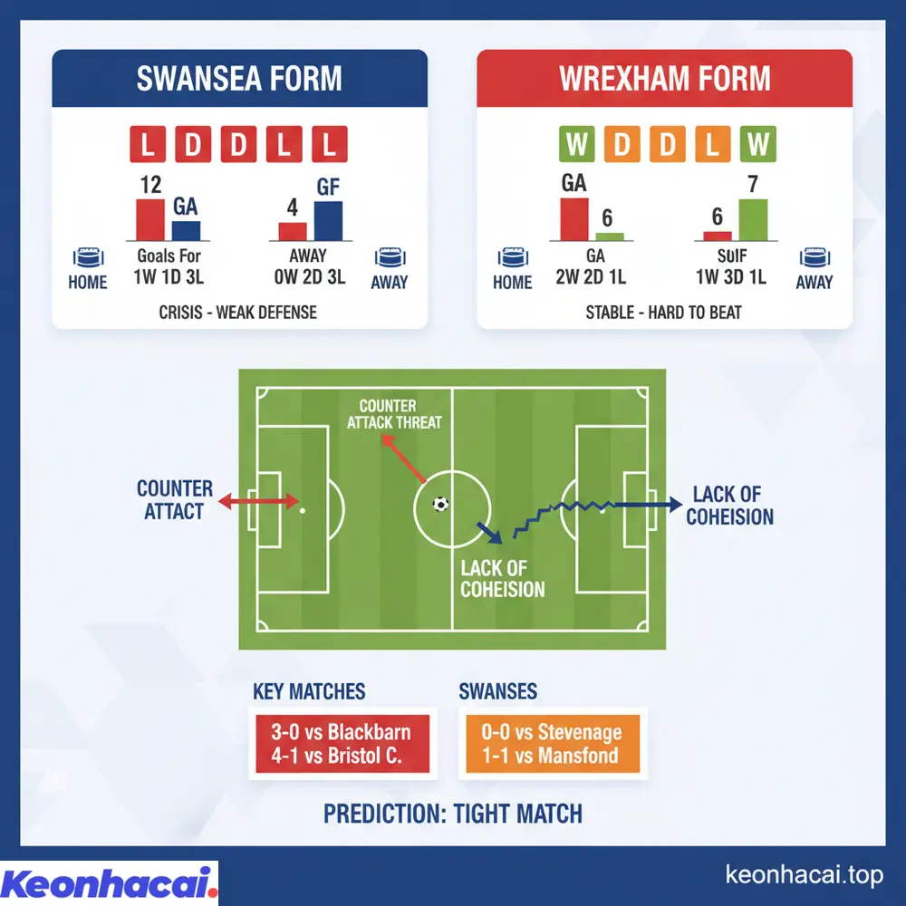 Wrexham có lợi thế về phong độ và sự ổn định, trong khi Swansea đang vật lộn với khủng hoảng phong độ